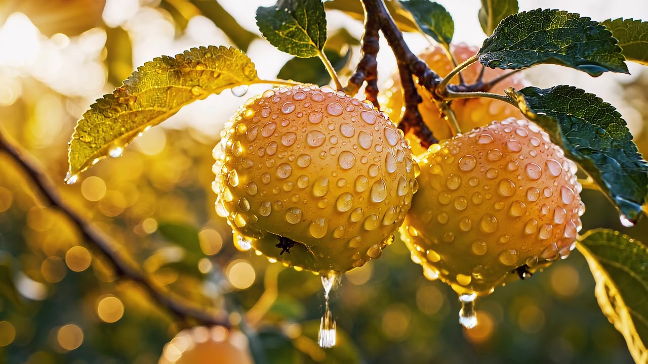 Mele dorate con goccioline d'acqua su un ramo illuminato dal sole
