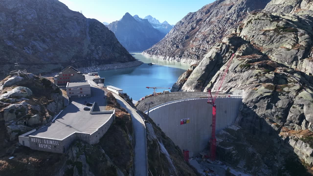 Aerial View of Grimsel Dam and Lake in the Swiss Alps