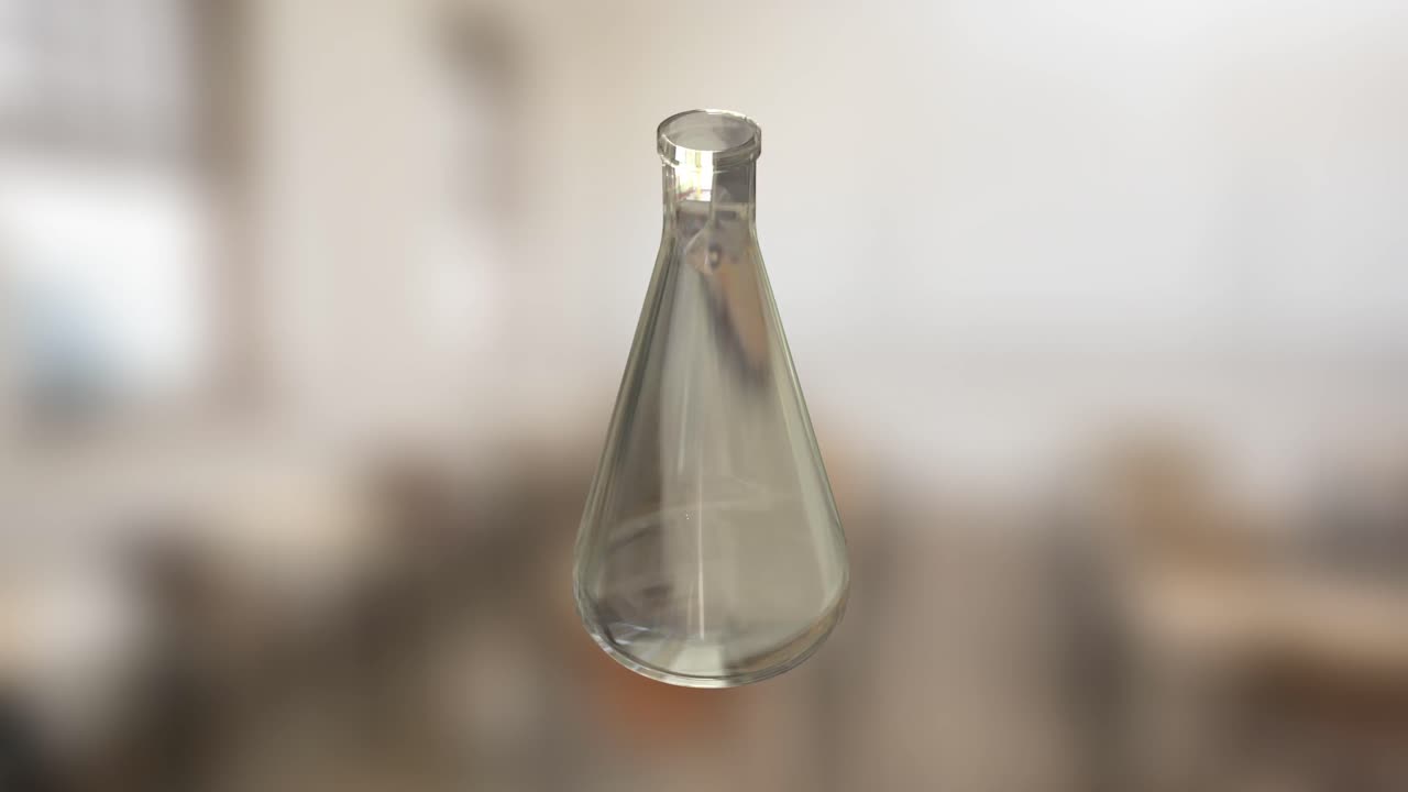 animación de una botella de vidrio de laboratorio girando sobre el fondo de la clase