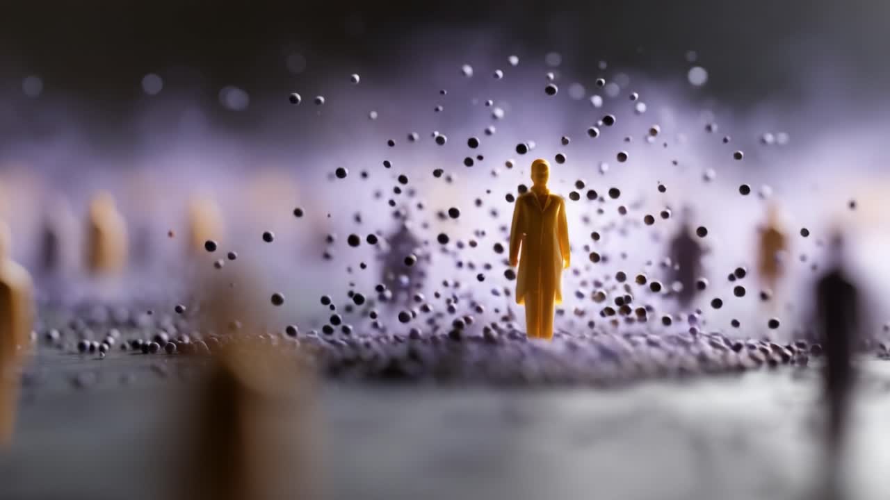 Una figura solitaria si erge in mezzo a un'affascinante scena di particelle vorticose, che conduce a un'esplorazione profonda dell'individualità e dell'esperienza umana collettiva in un paesaggio da sogno