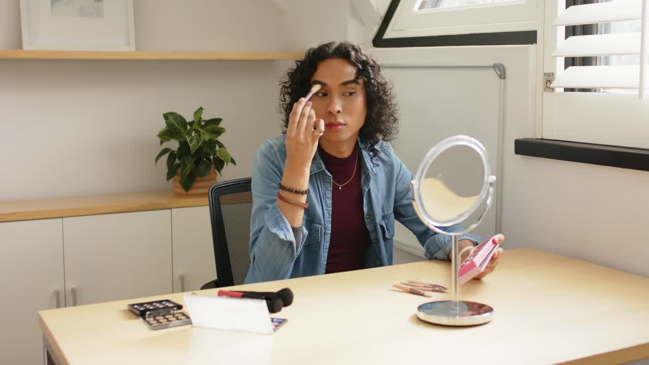Picking up sponge, non-binary person dabbing concealer under eyes and blending brows at vanity desk