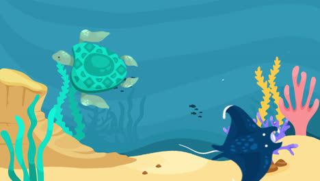 underwater scene with turtles, stingrays and coral