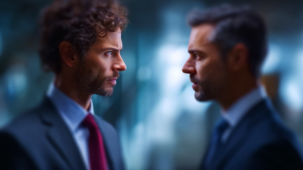 Stallo intenso tra due uomini in giacca e cravatta in un moderno ufficio, che cattura la tensione e la concentrazione nella loro espressione e postura attraverso primi piani intensi