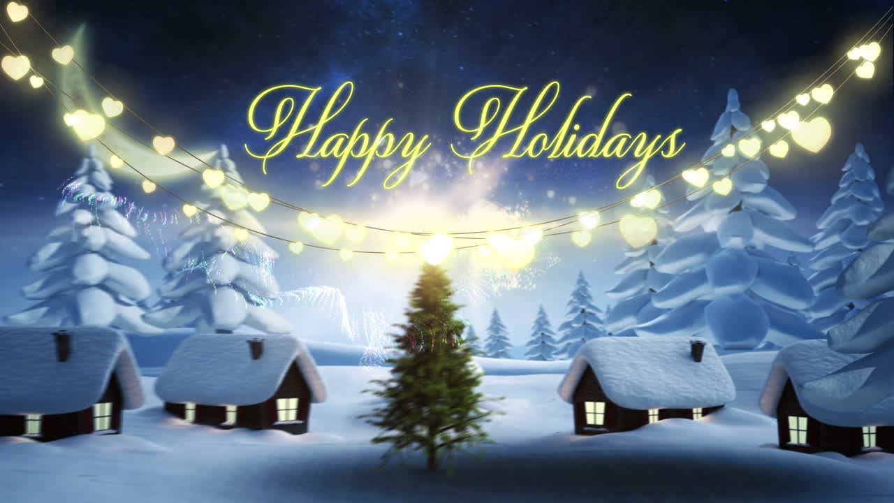 행복한 휴일, 크리스마스 조명 및 밤의 집의 애니메이션 겨울 풍경