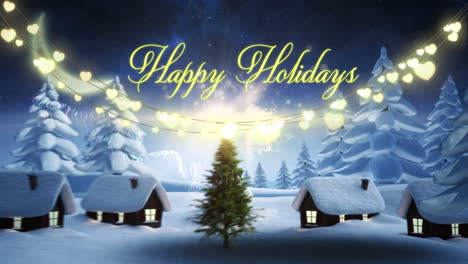 animation of happy holidays, christmas lights and houses in night winter landscape