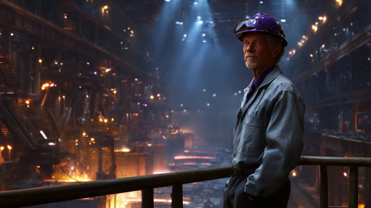 A Thoughtful Industrial Worker in a Large Factory, Wearing a Protective Helmet and Contemplating the Busy Environment Around Him, Surrounded by Machinery and a Glowing Ambiance of Industry