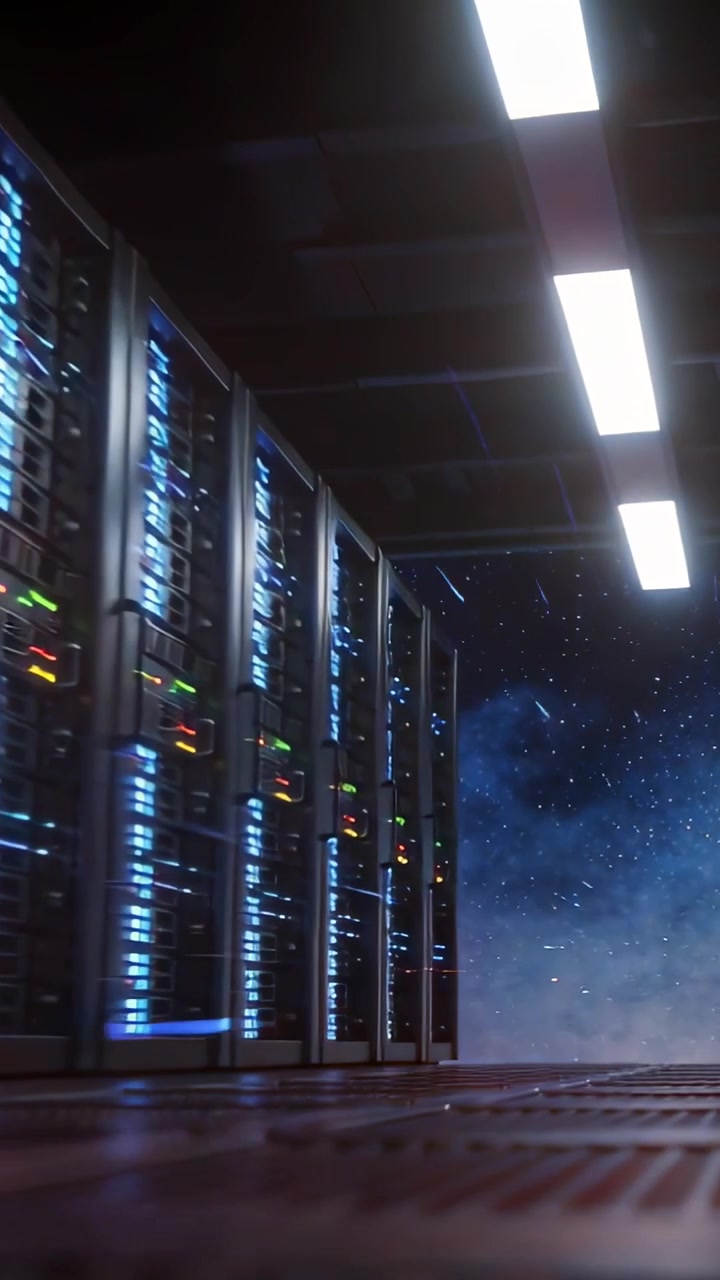 Video verticale: Panoramica lungo i rack di server sul lato sinistro all'interno di un data center, rivelando LED blu e foschia.