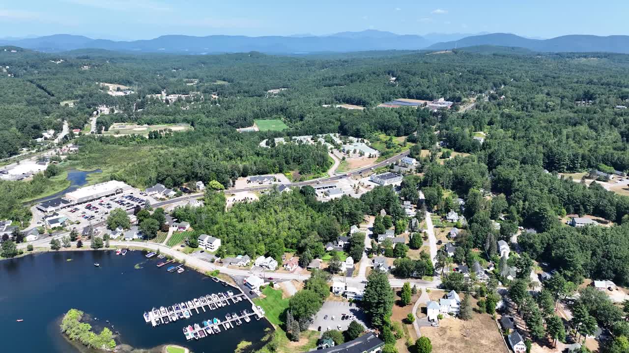 Drone landscape view of mountains in the Lakes Region of New Hampshire