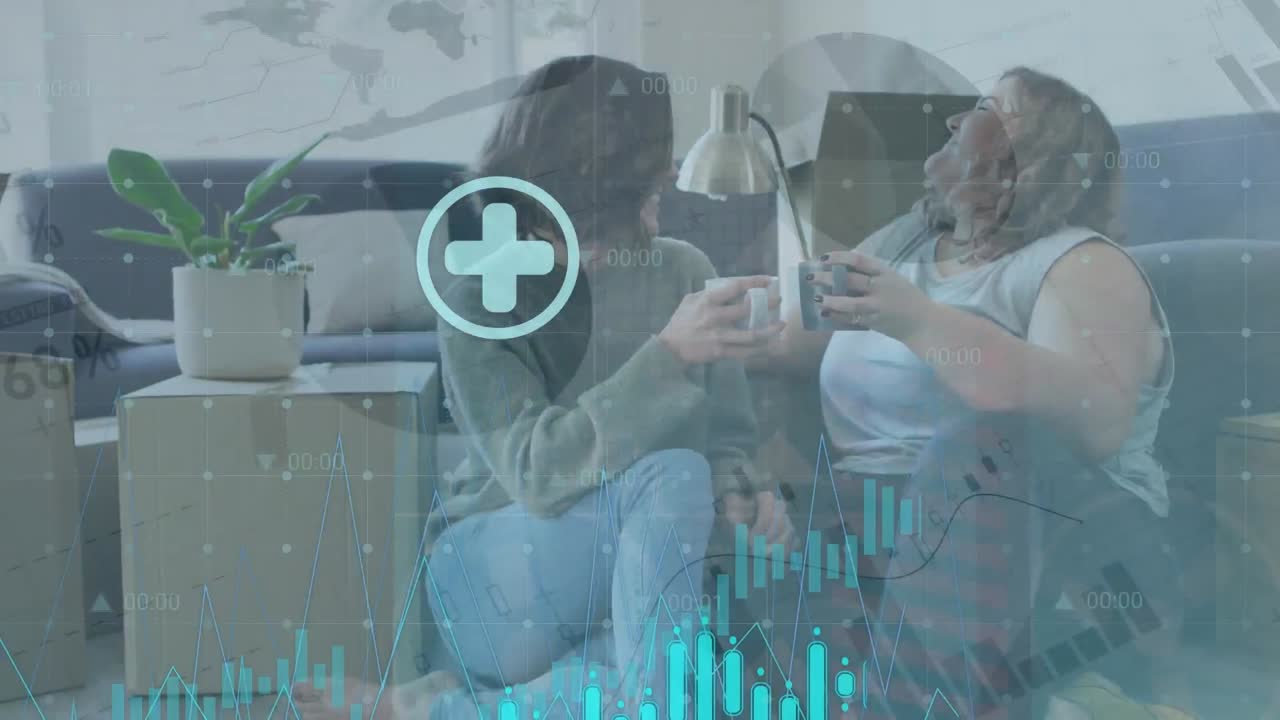 데이터 처리의 애니메이션: 카우카시안 여성 커플이 집을 옮기고 있습니다.