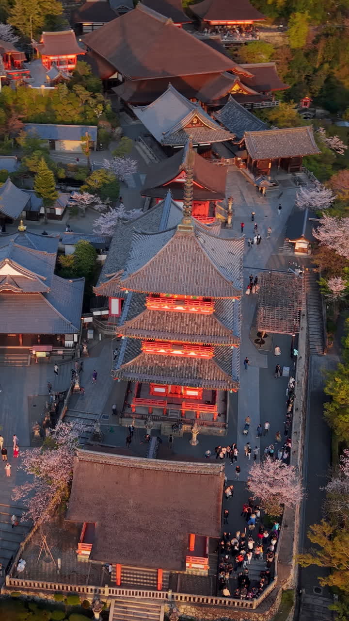 Aerial drone view of the Kiyomizu-dera temple at sunset in Kyoto, Japan