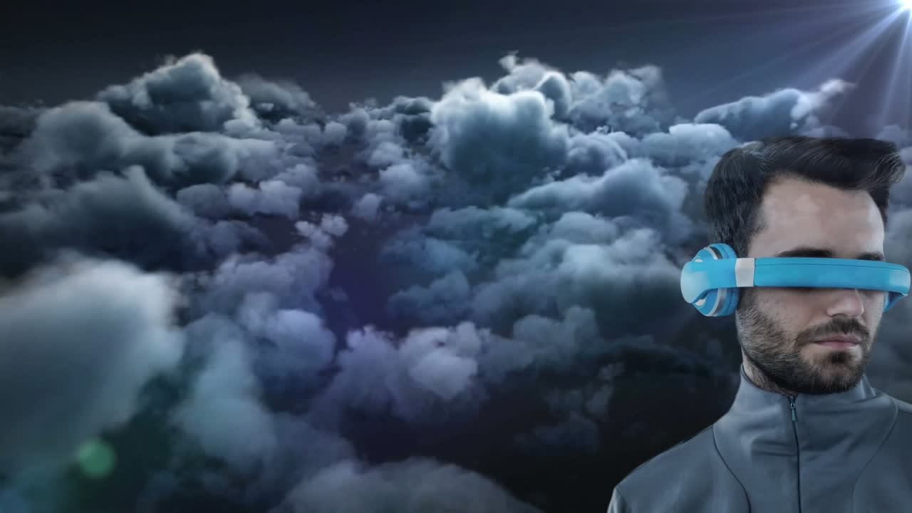 hombre caucásico con gafas vr contra manchas de luz y nubes oscuras