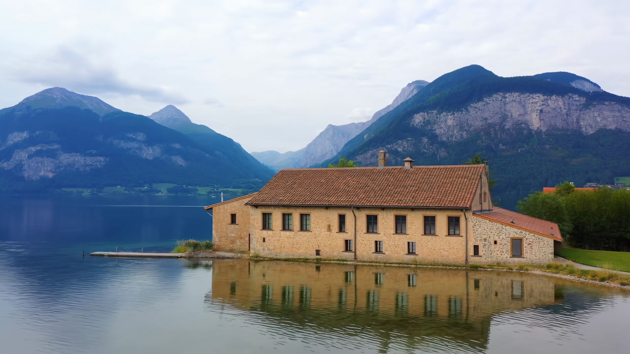 Lakeside Boathouse Reflected On Calm Lake, Stone Cottage With Tiled Roof Mirrored In Glassy Water