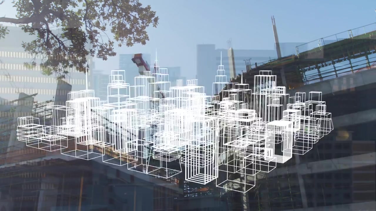 Animation of digital city over building site