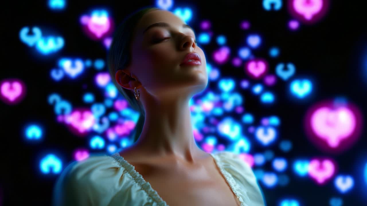 A serene and captivating portrait of a woman surrounded by vibrant hearts, representing love, tranquility, and emotional connection against a colorful background that enhances her ethereal presence