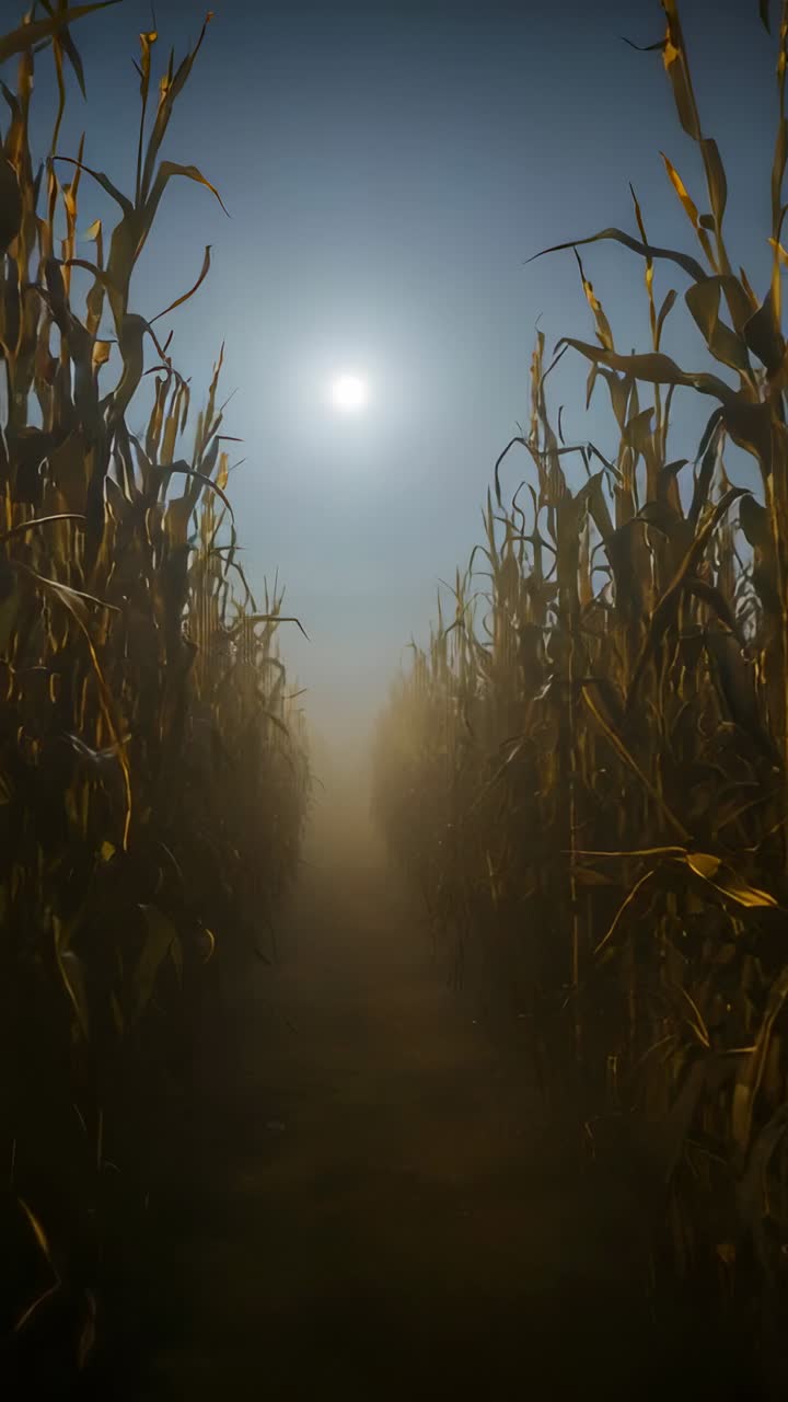Vertical video: Camera starting glide forward through cornfield dirt path under sun, revealing haze
