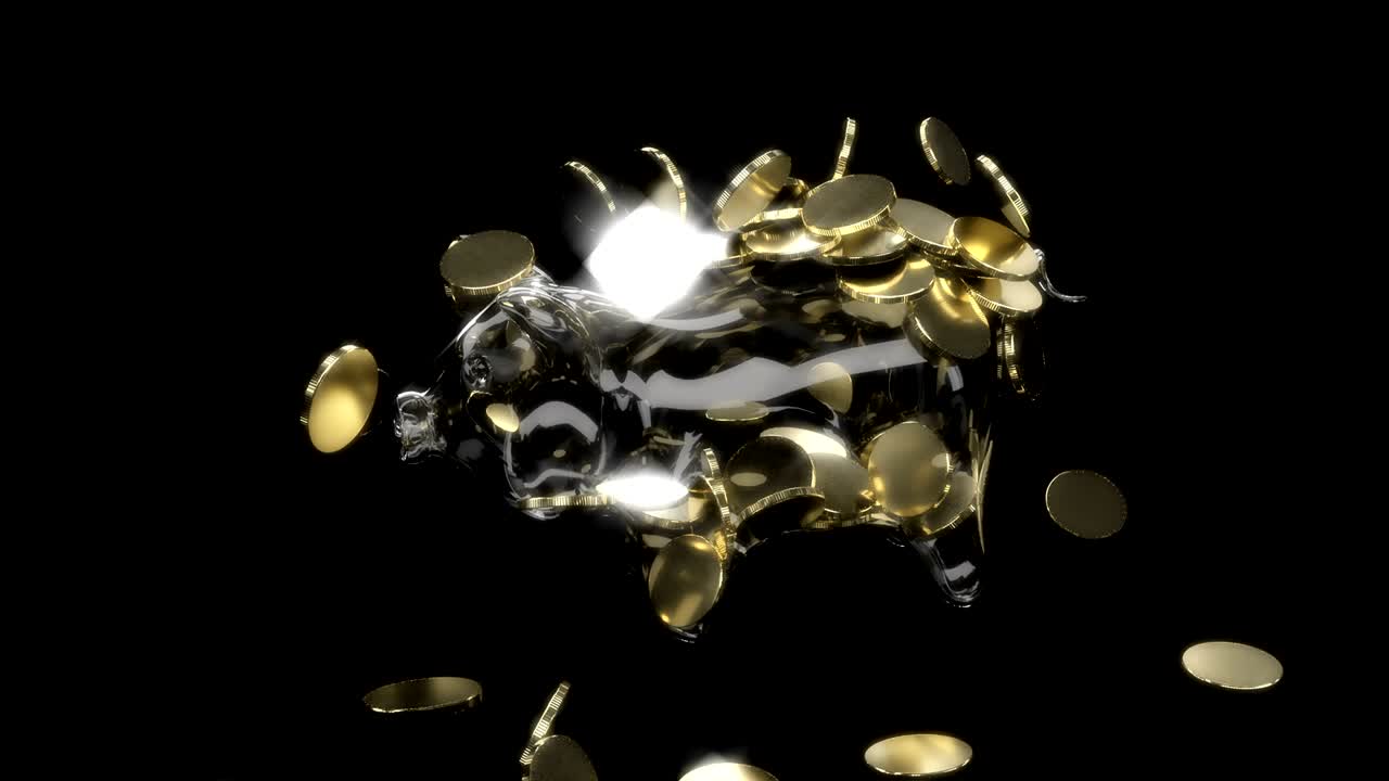monedas de oro caen dentro de la alcancía de un cerdo de vidrio. 4k