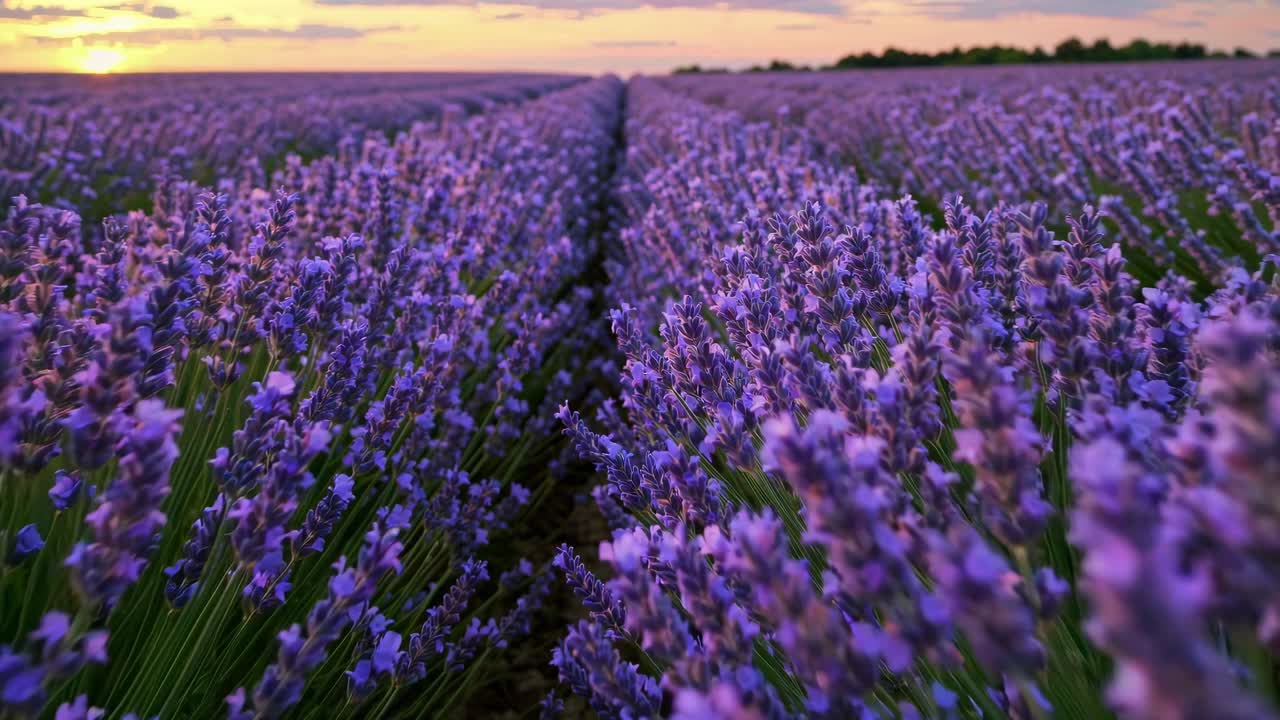 Vista aerea di un vasto campo di lavanda al tramonto, che cattura le infinite file di fiori viola