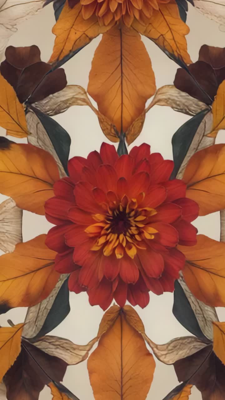 Video verticale: apertura di un modello speculare con fiore rosso rotante con boccioli e baccelli che formano un esagono