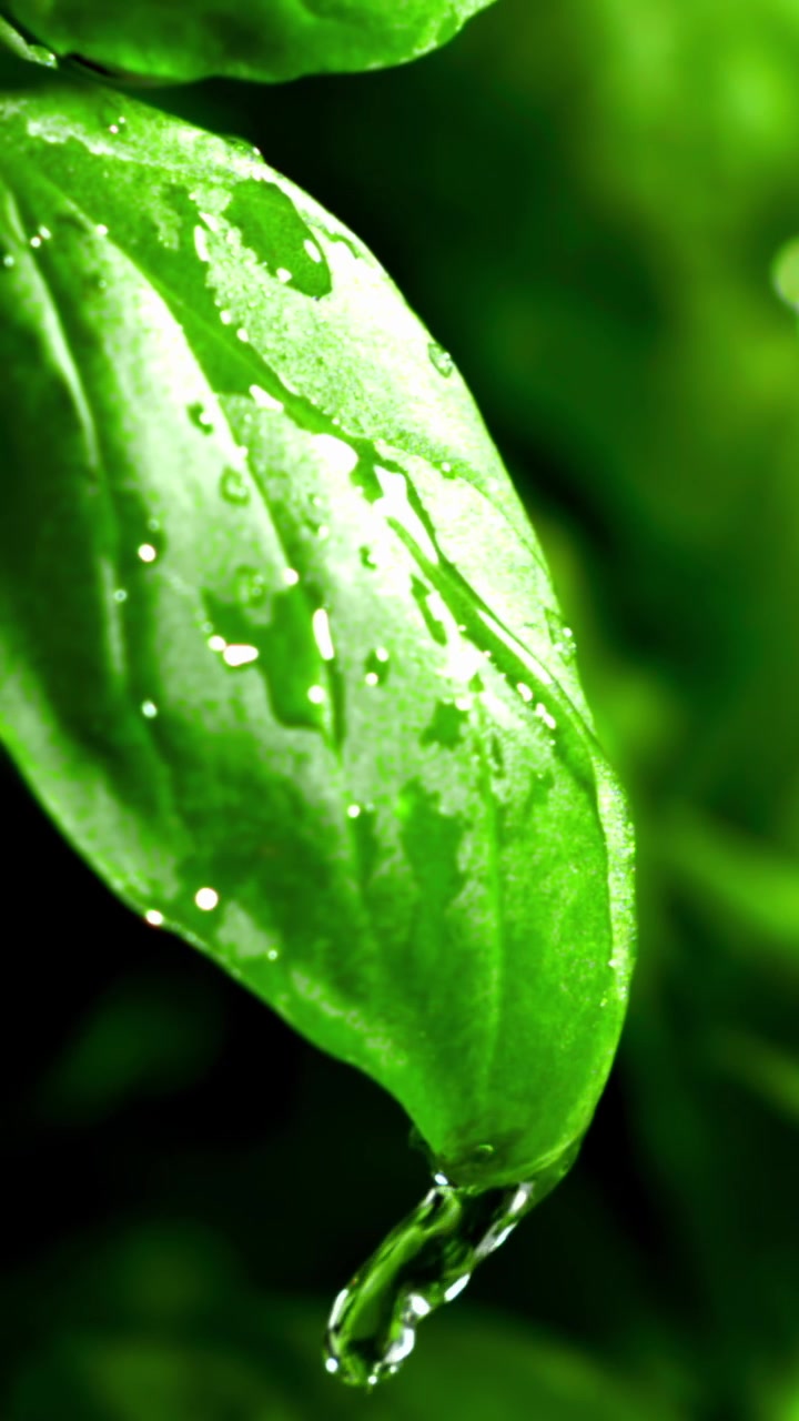 Macro di acqua che gocciola da una foglia verde brillante.