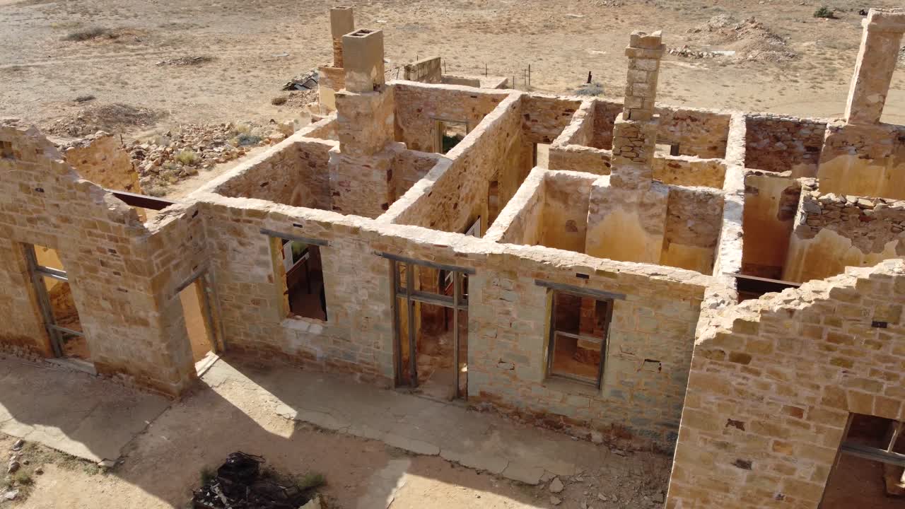 Slow moving drone footage of the Farina township ruins. A unique and captivating scene for travel, history, and outback-themed projects