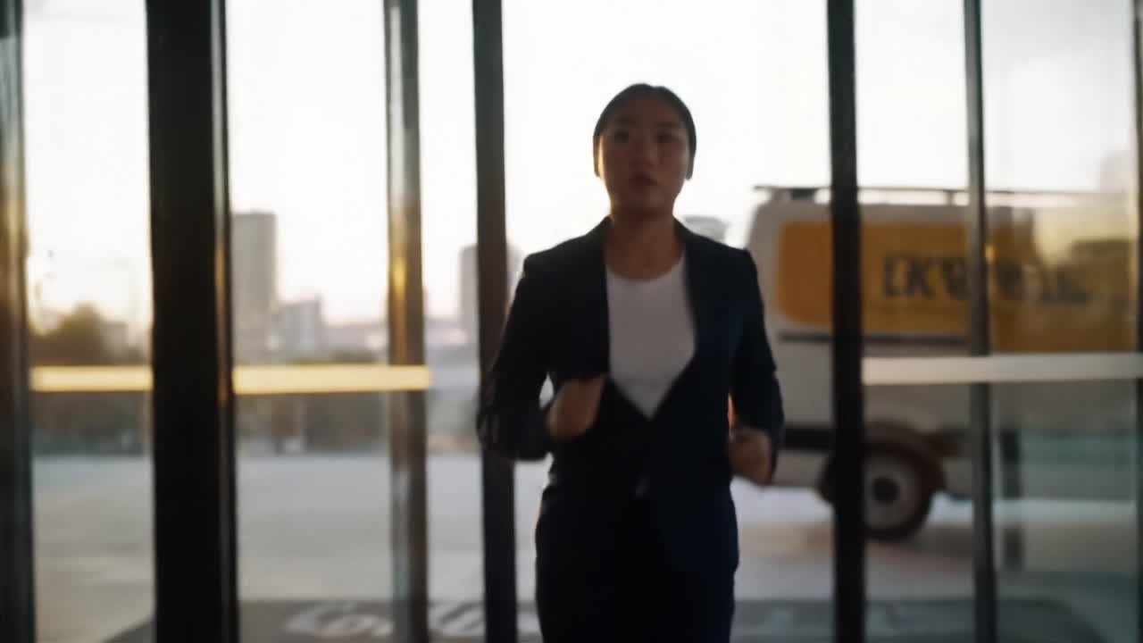 A woman in professional attire hurriedly exits a building as the sun sets in an urban environment. The warm glow highlights her determined expression while city buildings loom in the background.