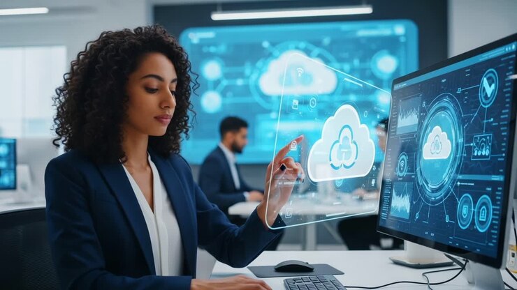 Professional Woman Engaging with Cloud Technology and Data Visualization in a Modern Office Environment, Showcasing Innovation and Digital Communication Skills
