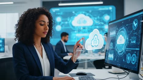 professional woman engaging with cloud technology and data visualization in a modern office environment, showcasing innovation and digital communication skills