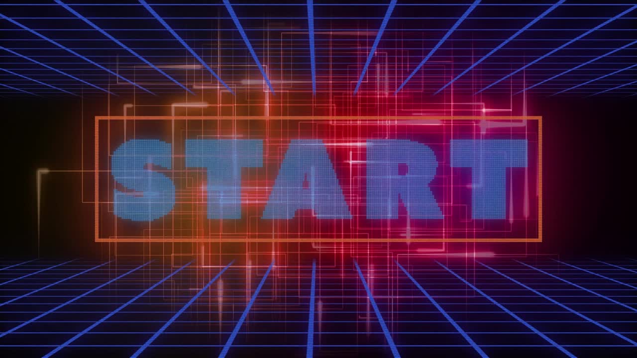 Animation of start text over neon lines on black background
