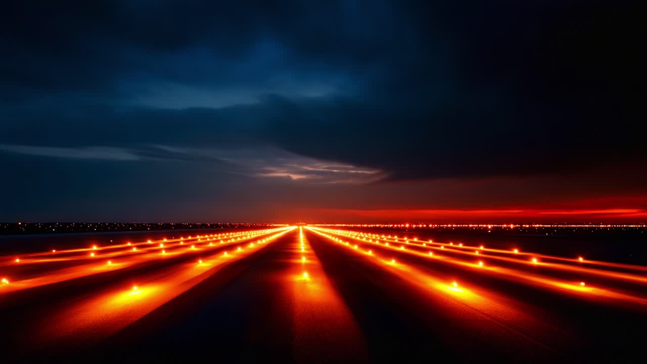 A Stunning Display of Illuminated Runway Lights at Dusk, Captured in Two Frames Showing the Gradual Transition from Night to Twilight Over the Airport Landscape
