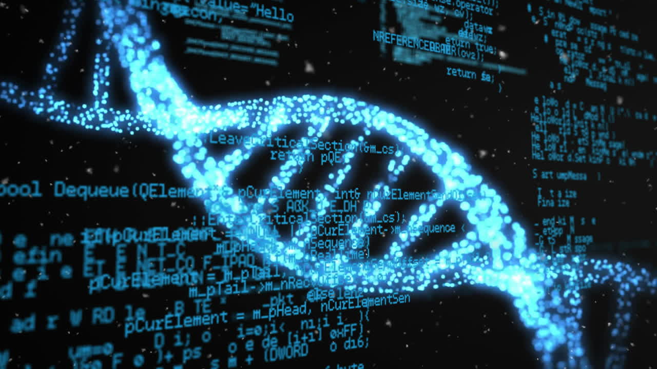 Processing scientific data, DNA strand and binary coding animation