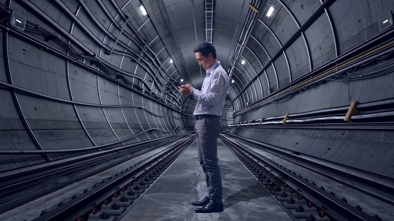 Full Body Side View Of An Asian Male Professional Worker Standing With His phone In Underground Subway Tunnel, Working Continuously With His phone