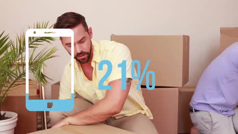 animation of smartphone and percent in blue over diverse couple moving in with cardboard boxes