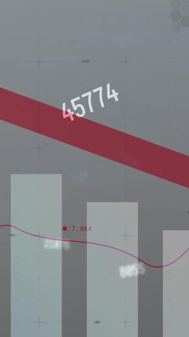 Animation of numbers processing over red arrow pointing down and statistics in background