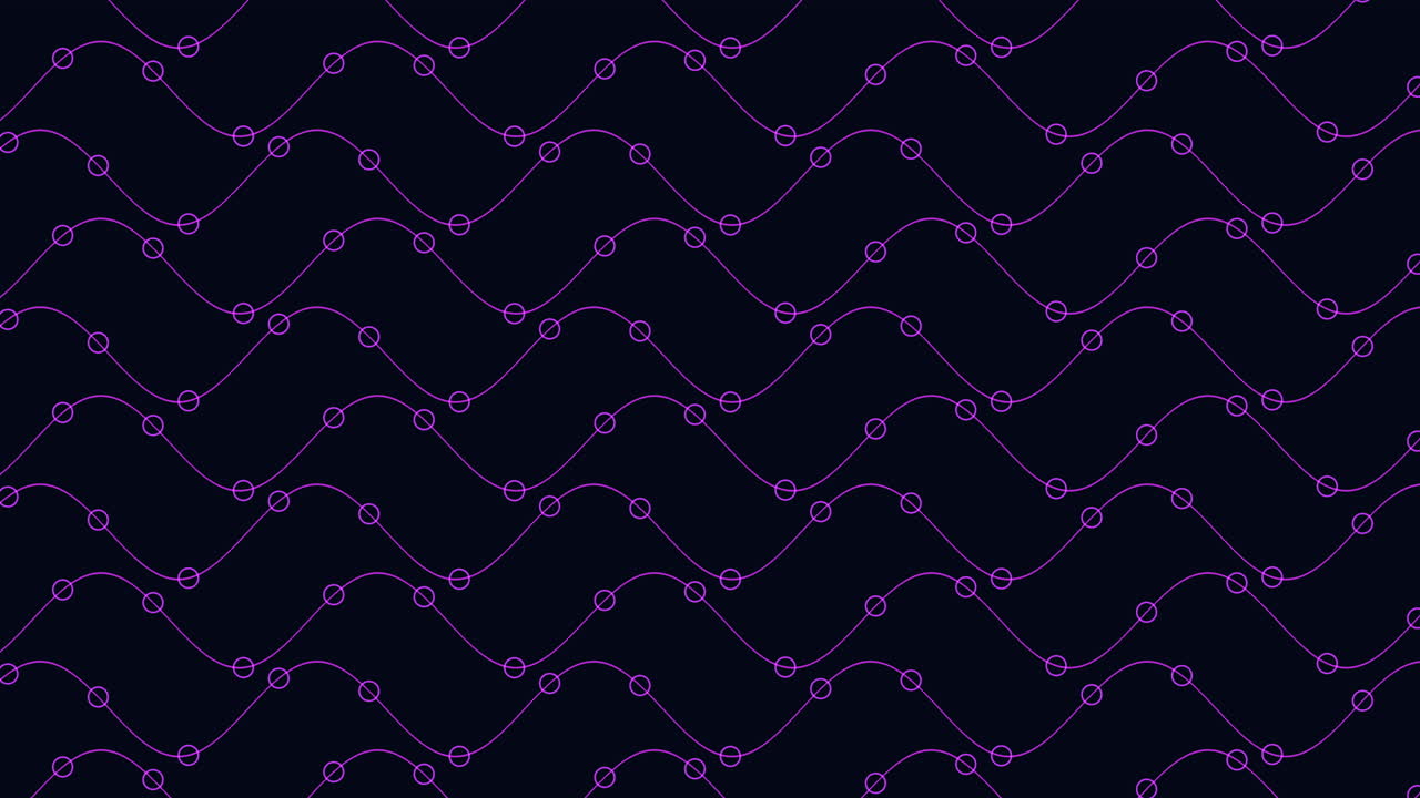 Abstract animated background with repeating purple sine waves and connected circle nodes on dark navy backdrop, ideal for technology, data, and modern design visuals