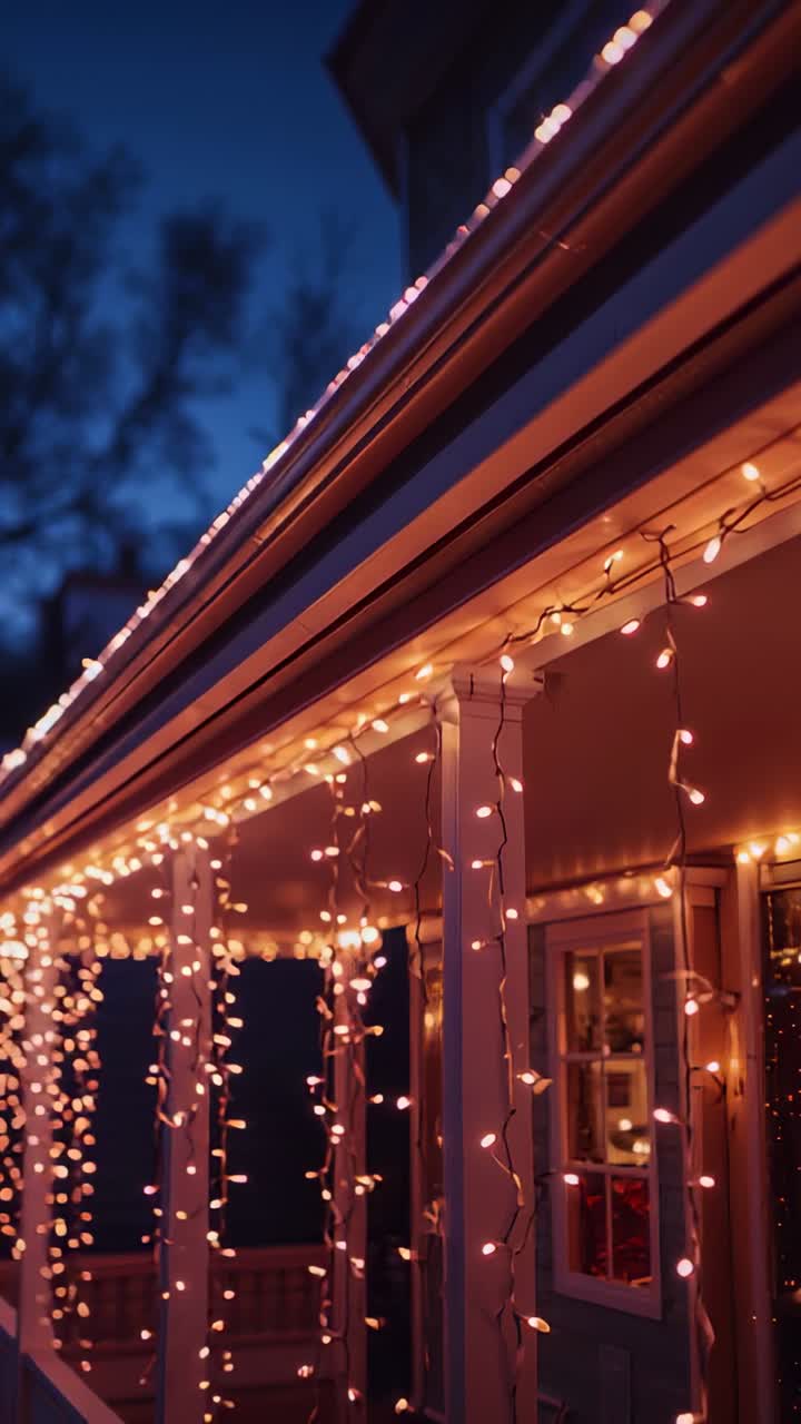 Vertical video: Twinkling icicle lights hanging on porch at dusk, with window glow, tree silhouette