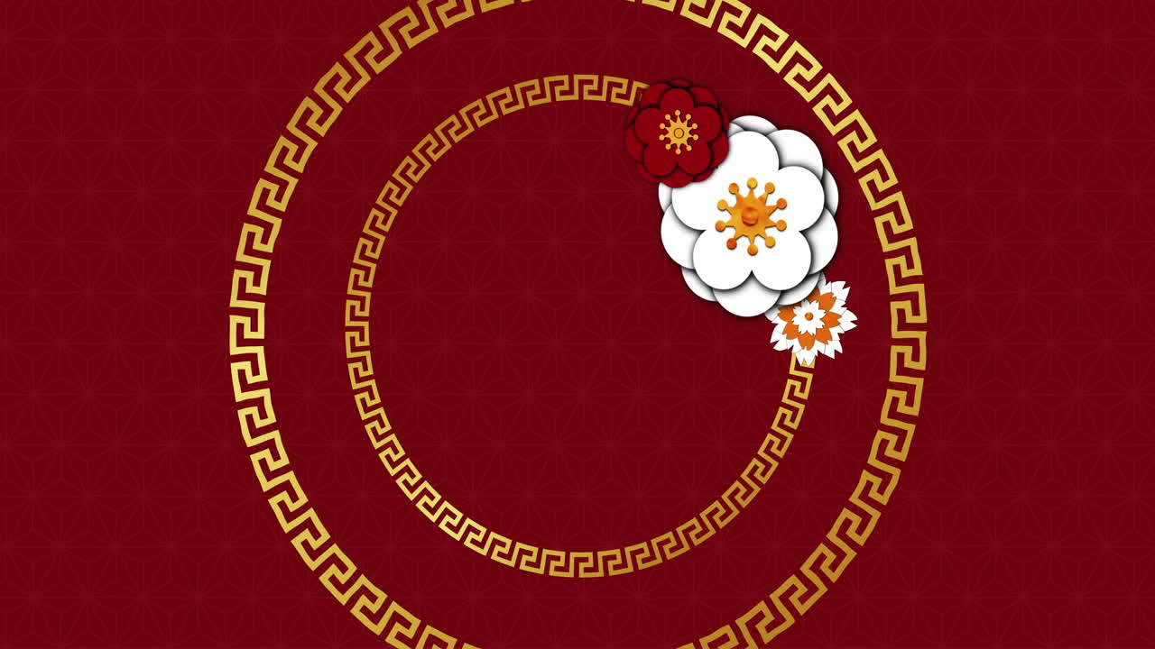 animación de flores y círculos en fondo rojo.