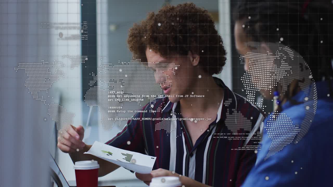 Animation of globe and data processing over diverse men discussing over a document at office