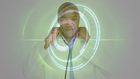 animation of loading circles, circular pattern, african american doctor using stethoscope on screen