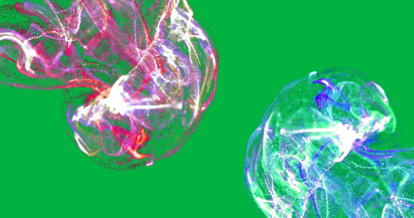 Animazione di scie di fumo rosa e blu con particelle su sfondo bianco