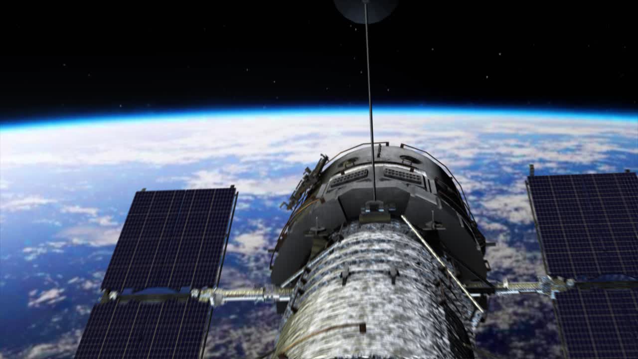 bella y muy realista animación 3d cgi del telescopio espacial hubble mientras la cámara retrocede lentamente revelando que el hubble cae, sobre el impresionante planeta tierra muy por debajo