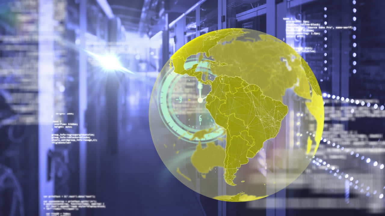Animation of clock, globe and data processing over computer servers