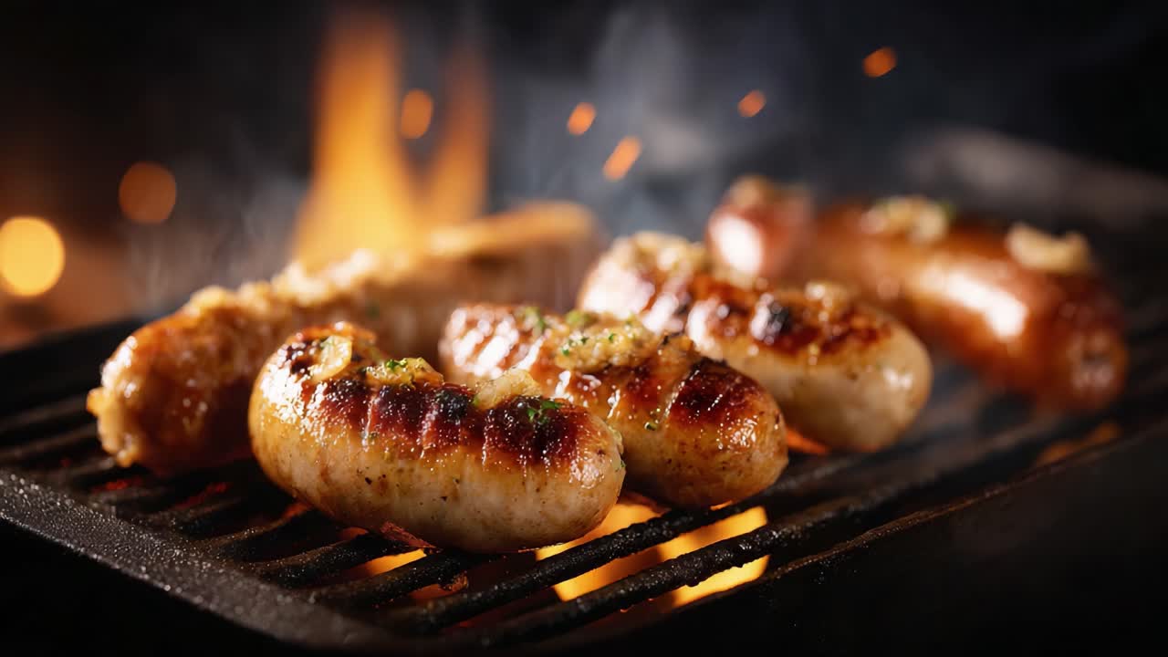 Salsicce sfrigolanti grigliate alla perfezione su fiamme vive: una deliziosa celebrazione di sapore e maestria culinaria catturata in due fotogrammi.