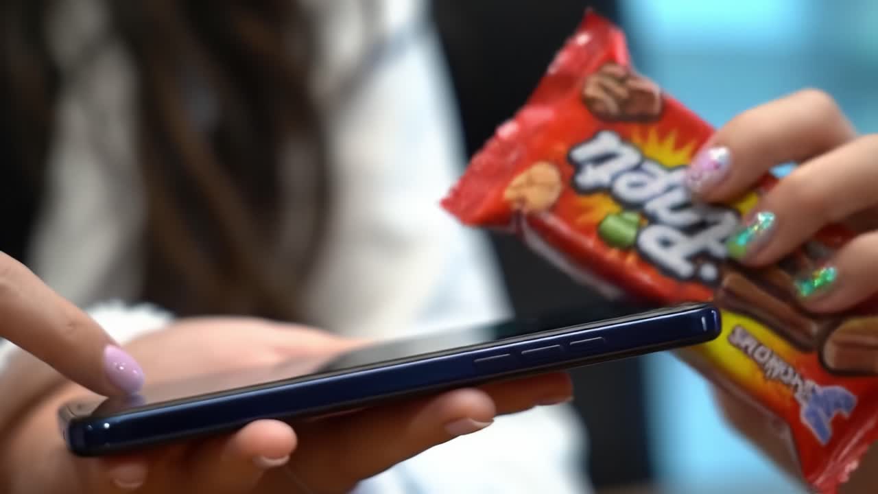A Close-up of a Smartphone Being Used, Showcasing a User Interacting with the Screen Alongside a Snack Pack on a Table