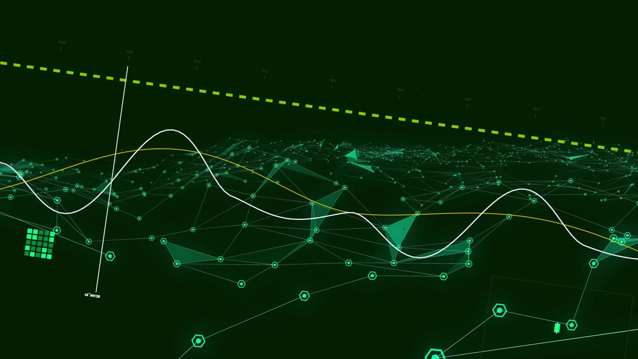 Frame one opening, teal mesh and traces pulsing past rising white marker, visualizing trend shifts