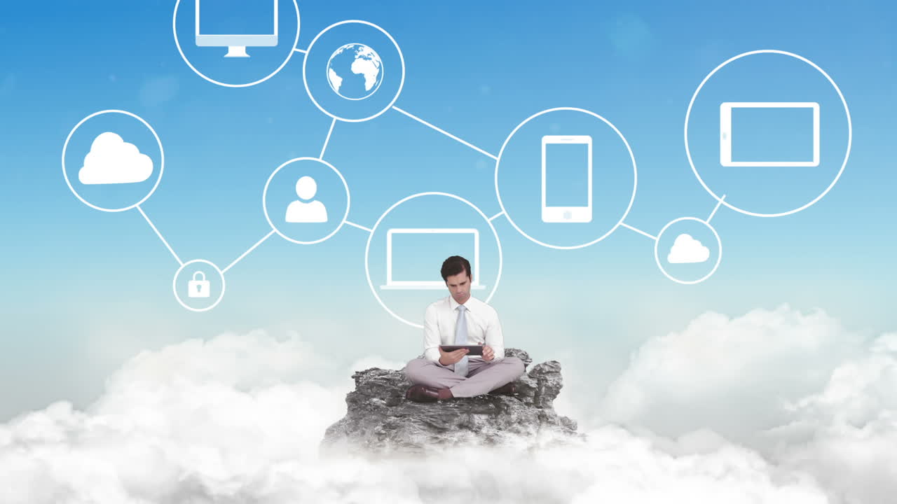 클라우드에서 태블릿을 사용하는 사업가