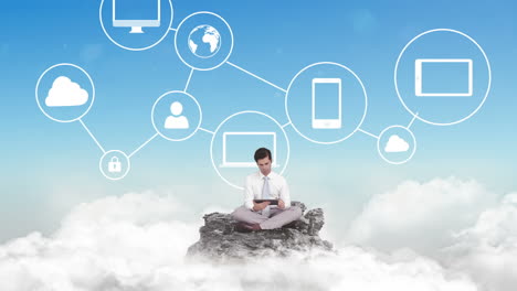 hombre de negocios usando tableta en las nubes