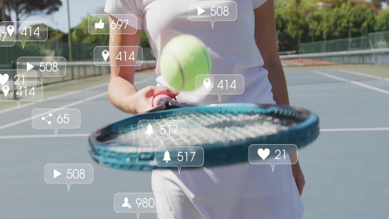 Female tennis player holding racket on court, tracking floating social media marketing metrics