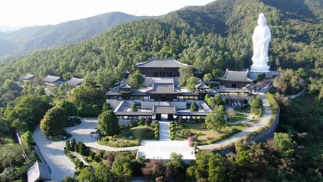 Aerial-view-of-Hong-Kong-Tsz-Shan-monastery-area-and-the-famous-Avalokitesvara-Guan-Yin-Statue,-Goddess-of-mercy