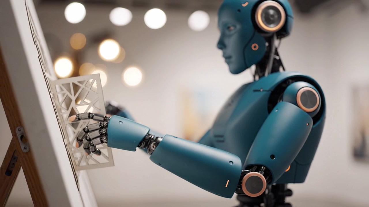 En fængslende robotkunstner skaber indviklede designs på et lærred, der viser avanceret teknologi og kreativitet i et moderne kunstgalleri.