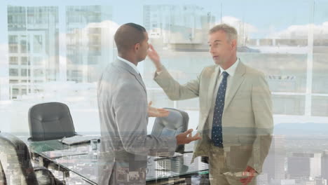 animation of diverse coworkers discussing in office over aerial view of cityscape in background